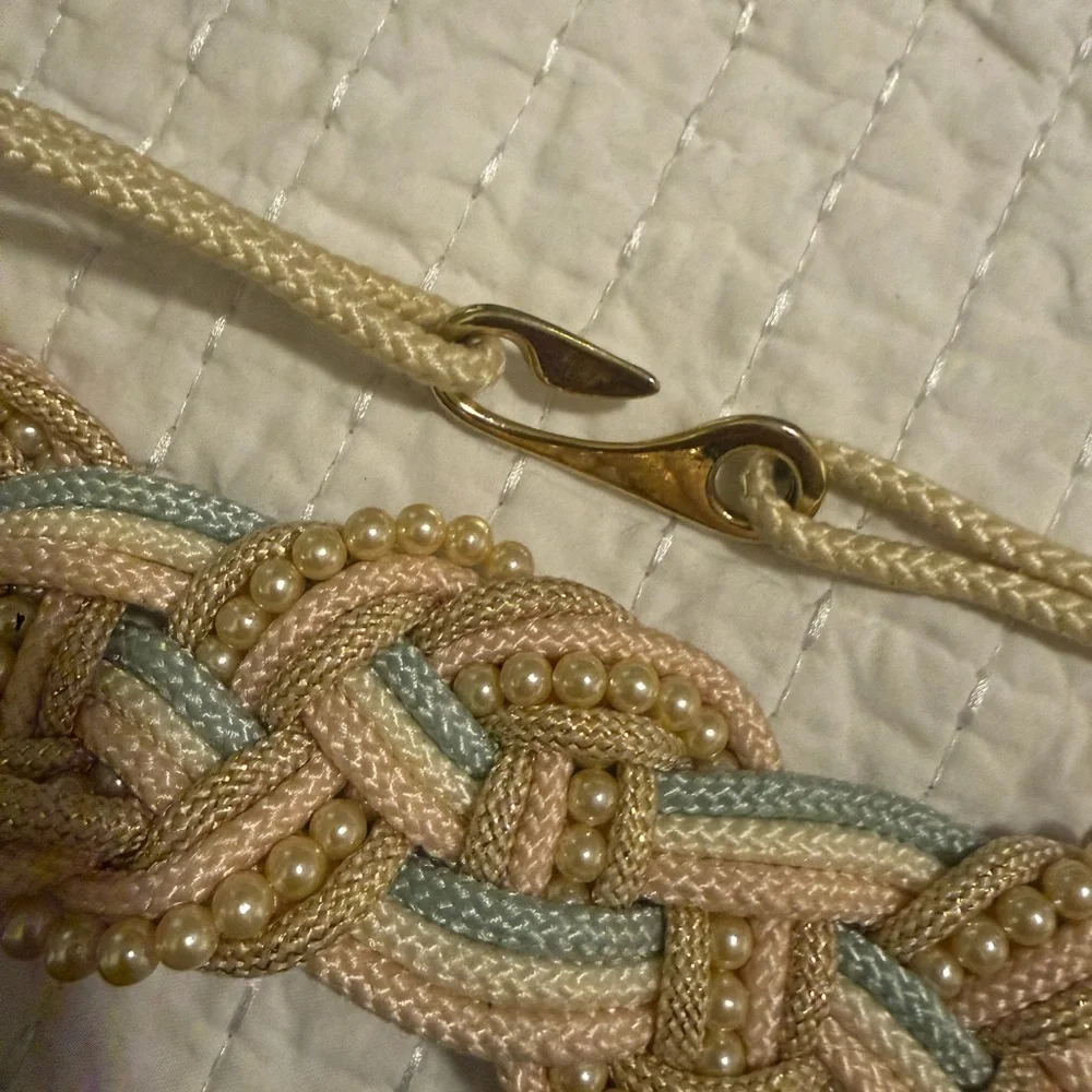 Vintage Braided Rope Belt Pearl Detail Pastel Boho Waist Belt 36”